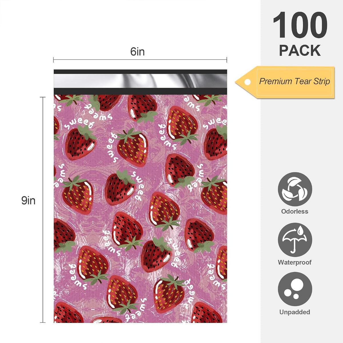 6x9 Poly Mailers 100 Pack, Watercolor Strawberries Design