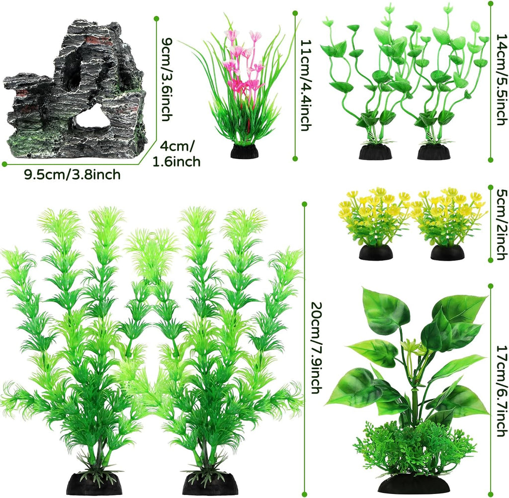 Fish Tank Accessories Artificial Plants, 9pcs Green Aquarium Decorations Plants and Cave Rock Decor Set, Aquarium