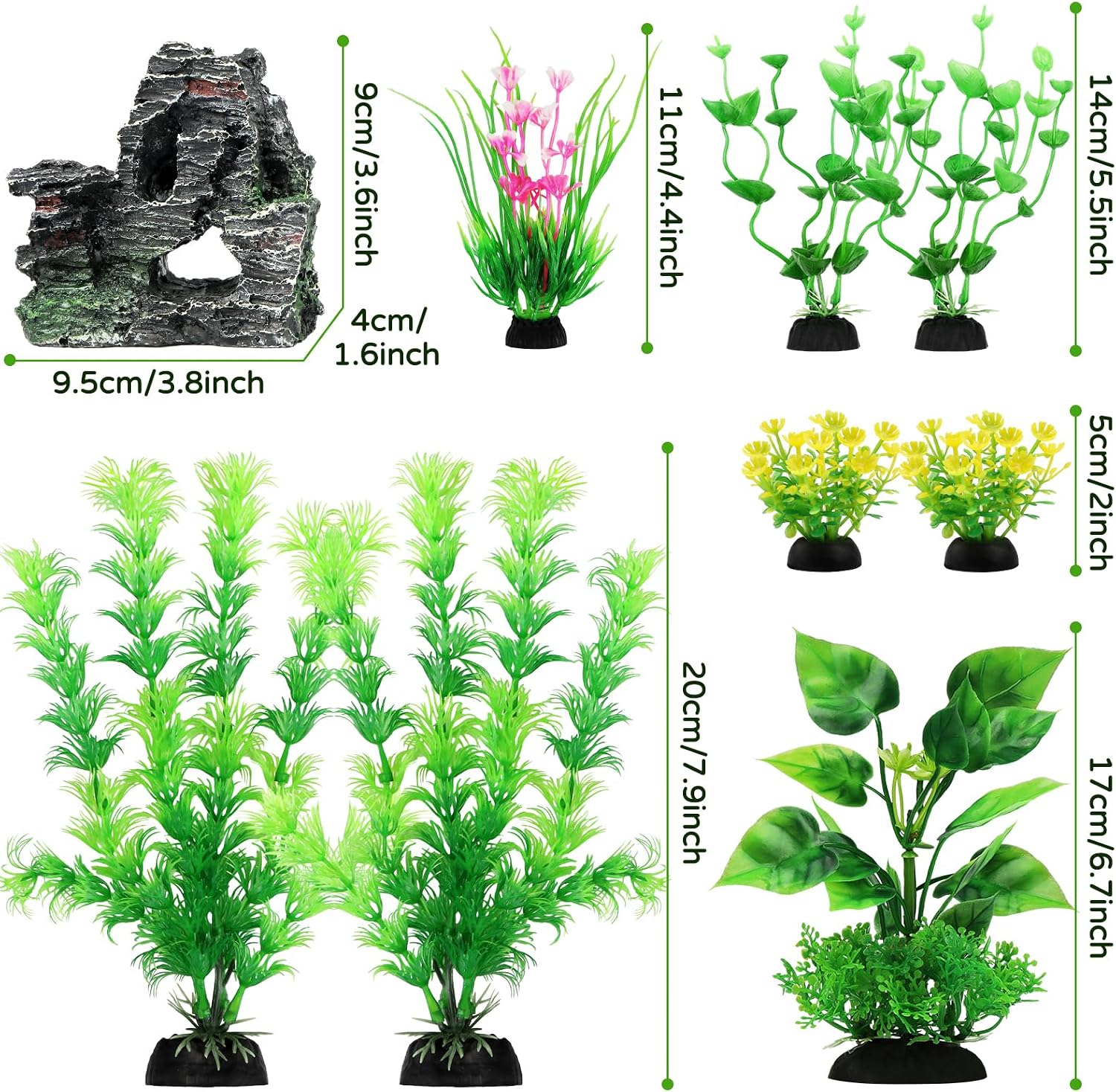 Fish Tank Accessories Artificial Plants, 9pcs Green Aquarium Decorations Plants and Cave Rock Decor Set, Aquarium
