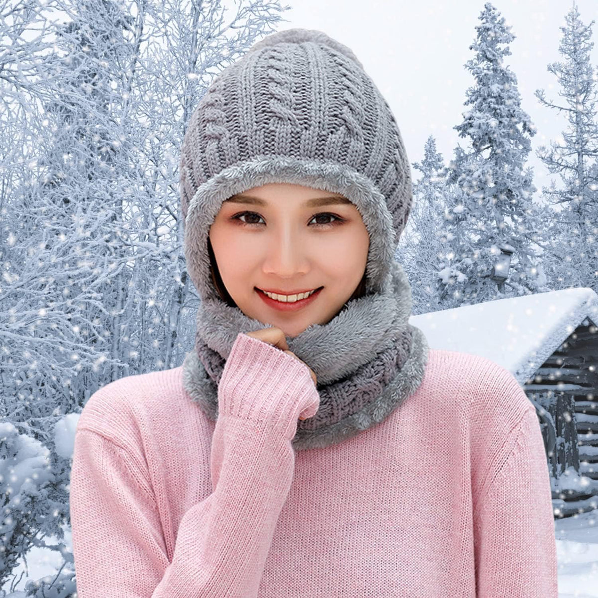 Women Winter Knit Beanie Hats One Piece Fleece Lined Balaclavas | Lady winter Earmuff Hooded Ski Snow Hat Pom Pom