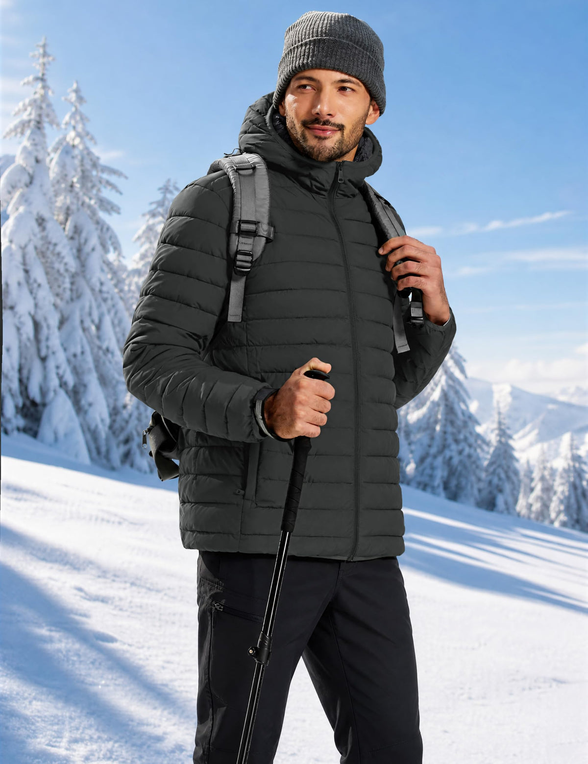Mens Puffer Jacket with Hood Winter Sherpa Down Coat Dark Gray S