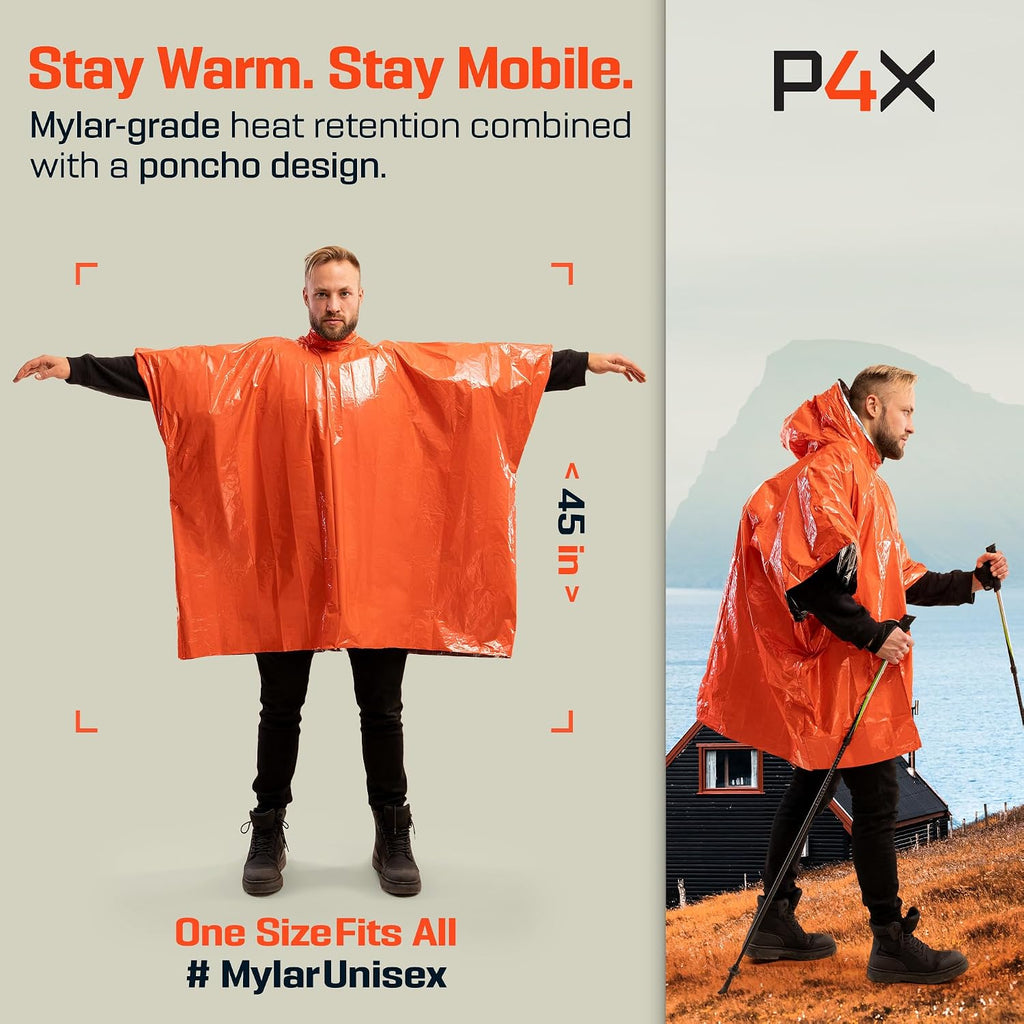 Emergency Mylar Poncho – Survival Rain Poncho with Hood – Lightweight, Compact, Reusable Emergency Blanket Poncho for