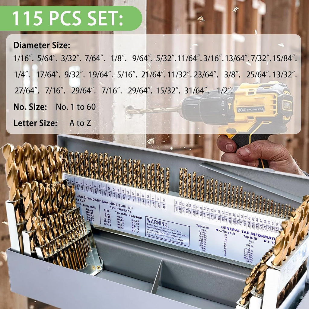 Cobalt Drill Bit Set - 115Pcs M35 HSS Bits, 1/16"-1/2", A-Z, #1-#60