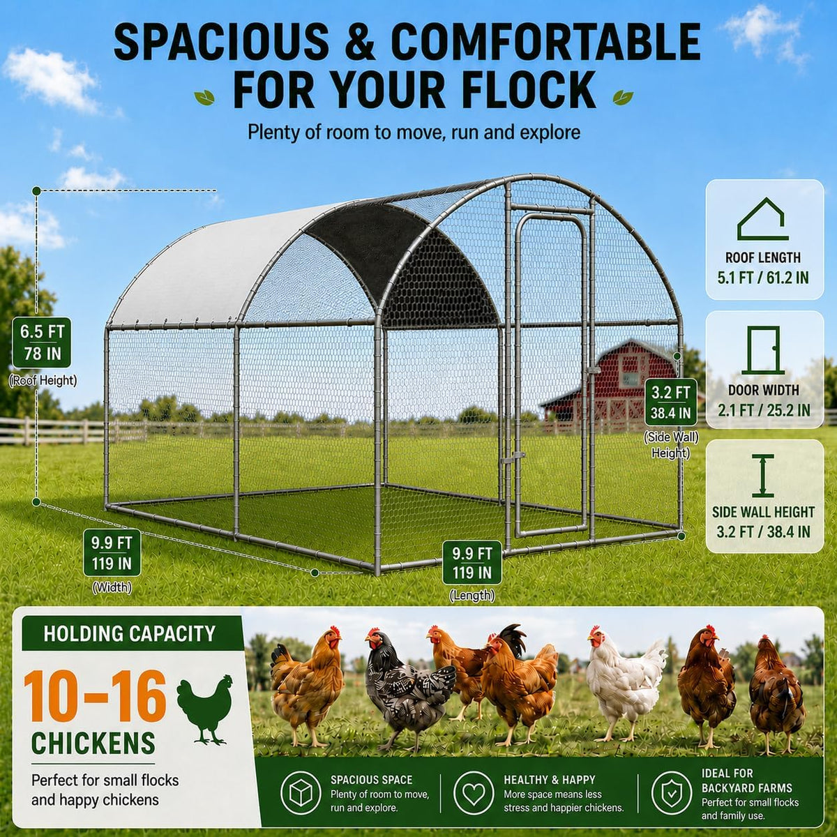 10x10x6.5 FT Metal Chicken Coop, Large Chicken Run with Cover