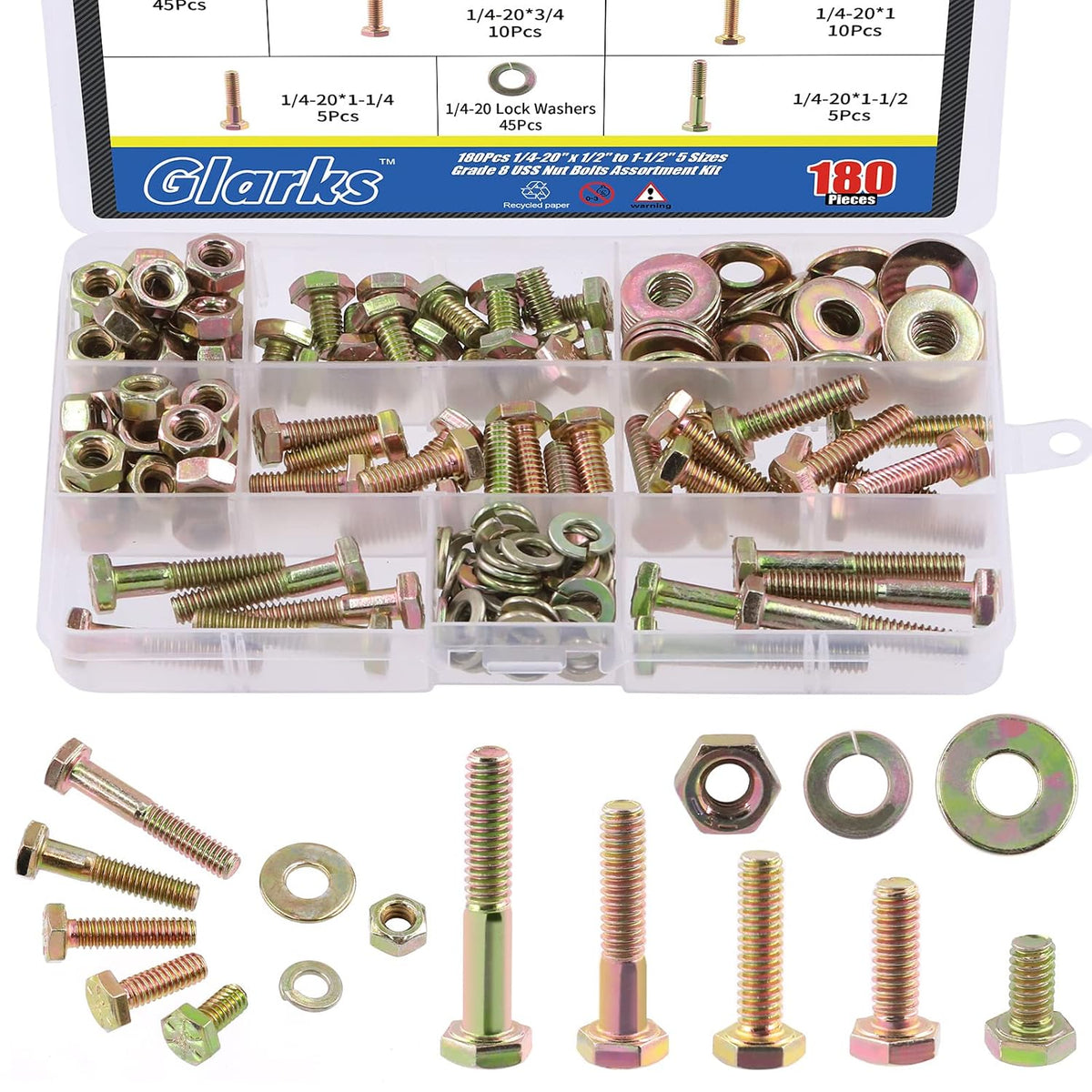 Glarks 180Pcs 1/4"-20 Grade 8 Coarse Thread Hex Bolts Nuts Screws Washers Assortment Kit, 5 Size 1/2", 3/4", 1", 1-1/4", 1-1/2" Hex Head Cap Screws and Hex Nuts Flat Washers Lock Washers Set