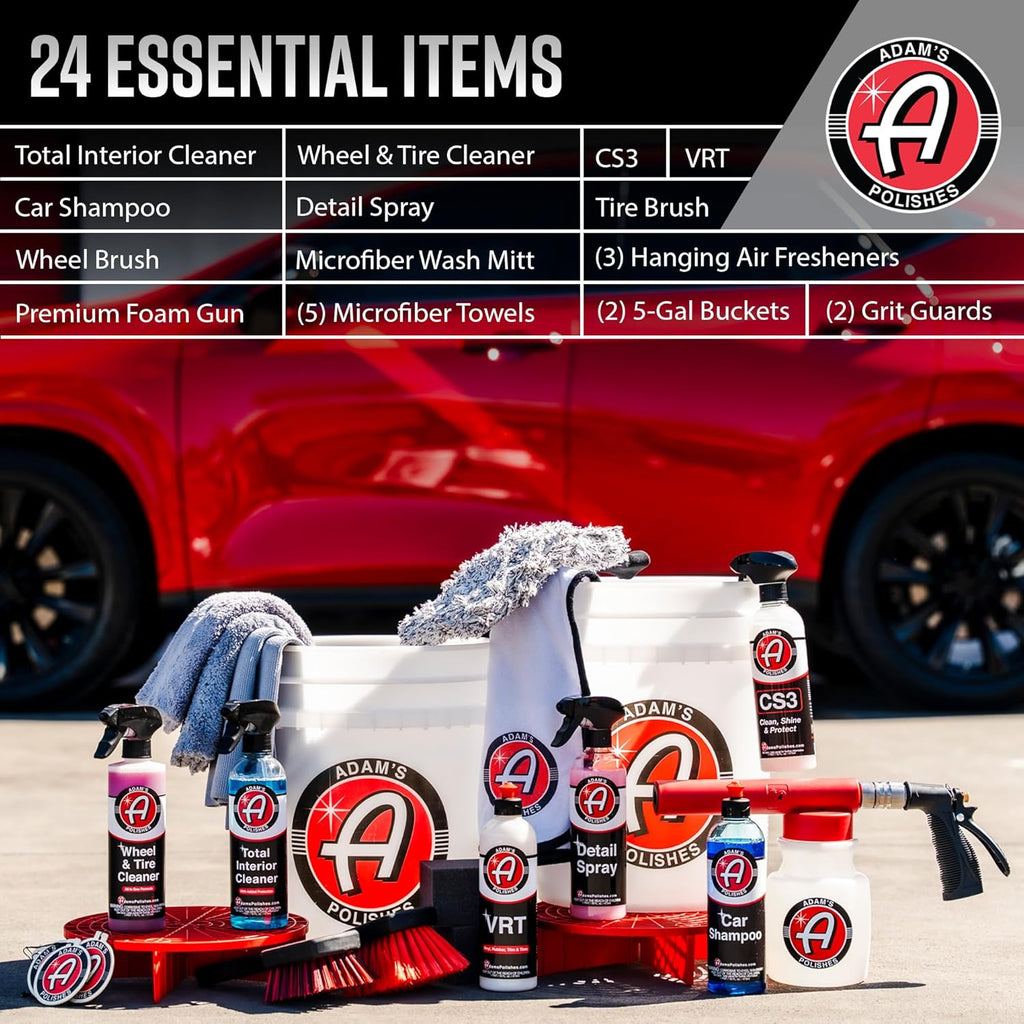 Adam's Essential Car Wash Kit (24-Item) - Auto Detailing Car Care Cleaning Kit with Foam Gun & Bucket Car & Truck