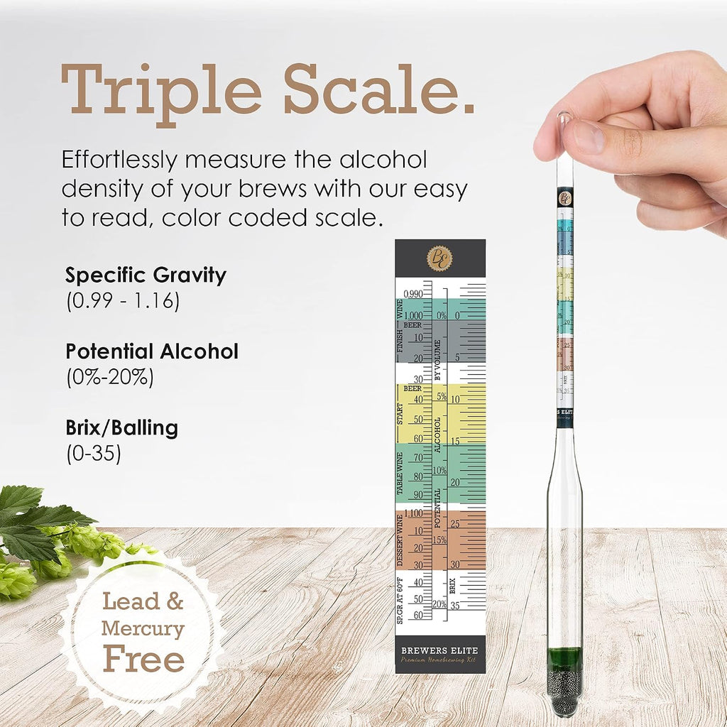 Hydrometer & Plastic Test Jar - for Home Brew Beer, Wine, Mead and Kombucha - Deluxe Triple Scale Set, Hardcase and