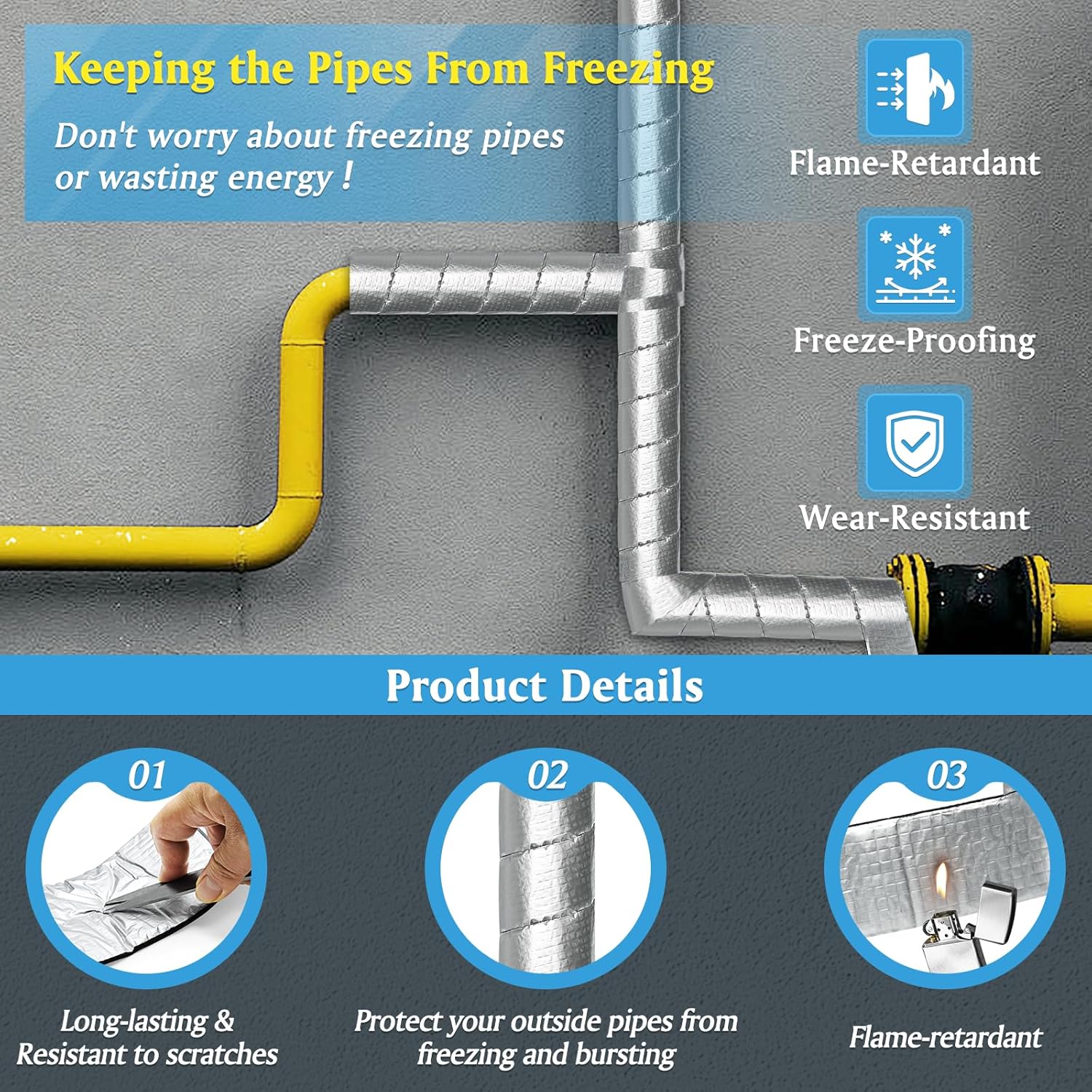 Extra Wide Pipe Insulation Wrap 4" x 32.8 Ft, Self Adhesive Foam and Foil Tape for Winter Freeze Protection, AC Line