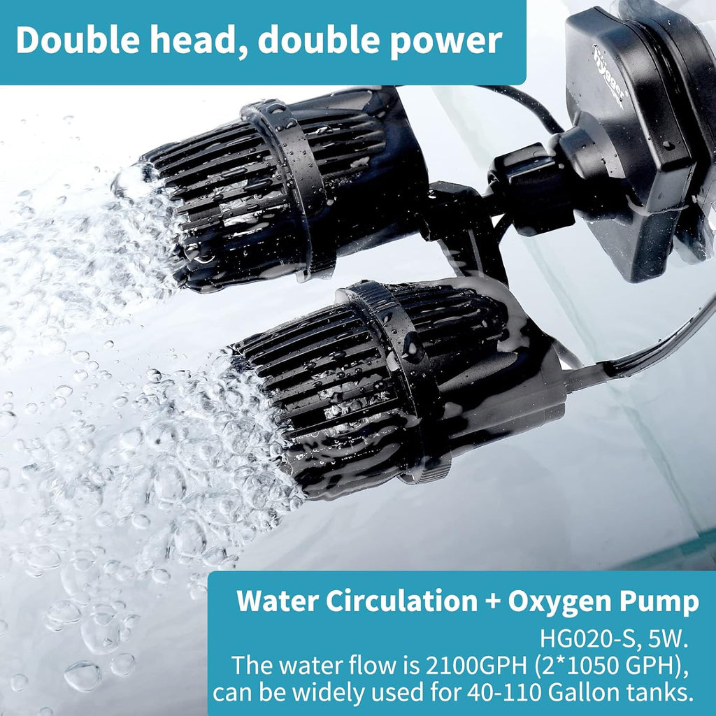 2100GPH Double Head Aquarium Wave Maker, Quiet 5W Aquarium Circulation Pump, with Strong Magnetic Suction Base
