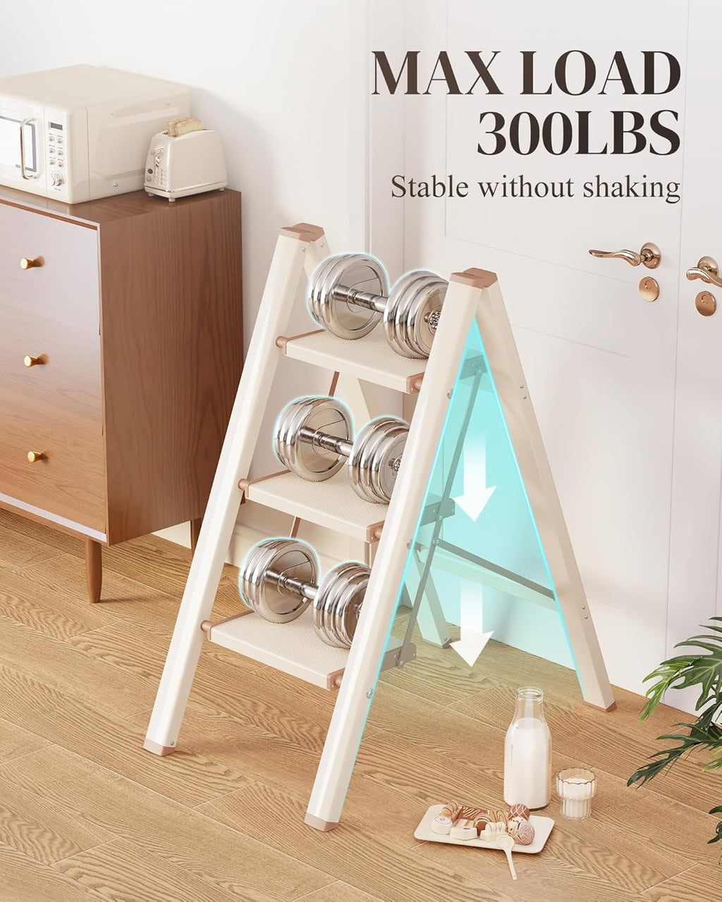 3 Step Ladder, Folding Step Stool with Wider Pedal, Anti-Slip Feet & Non Slip Stripes, Aluminum Sturdy Material
