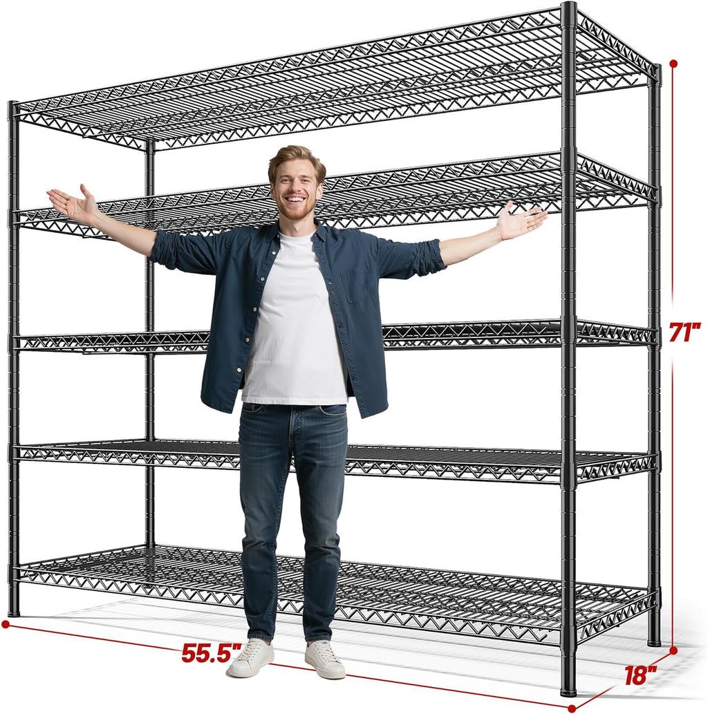 3200LBS Storage Shelves 55.5" W Garage Shelving Heavy Duty 5 Tier Adjustable Wire Shelving Unit Metal Shelving for