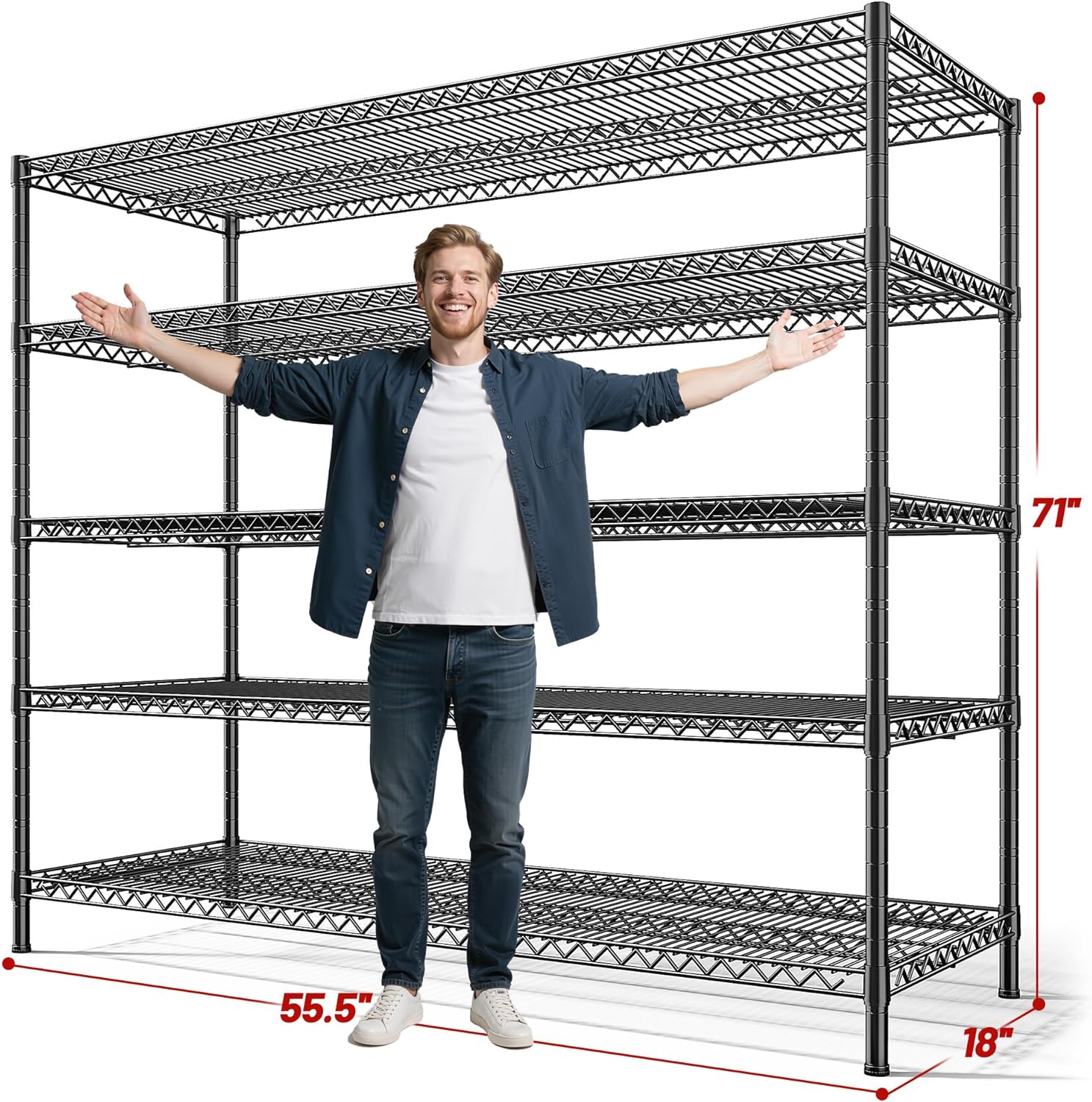 3200LBS Storage Shelves 55.5" W Garage Shelving Heavy Duty 5 Tier Adjustable Wire Shelving Unit Metal Shelving for