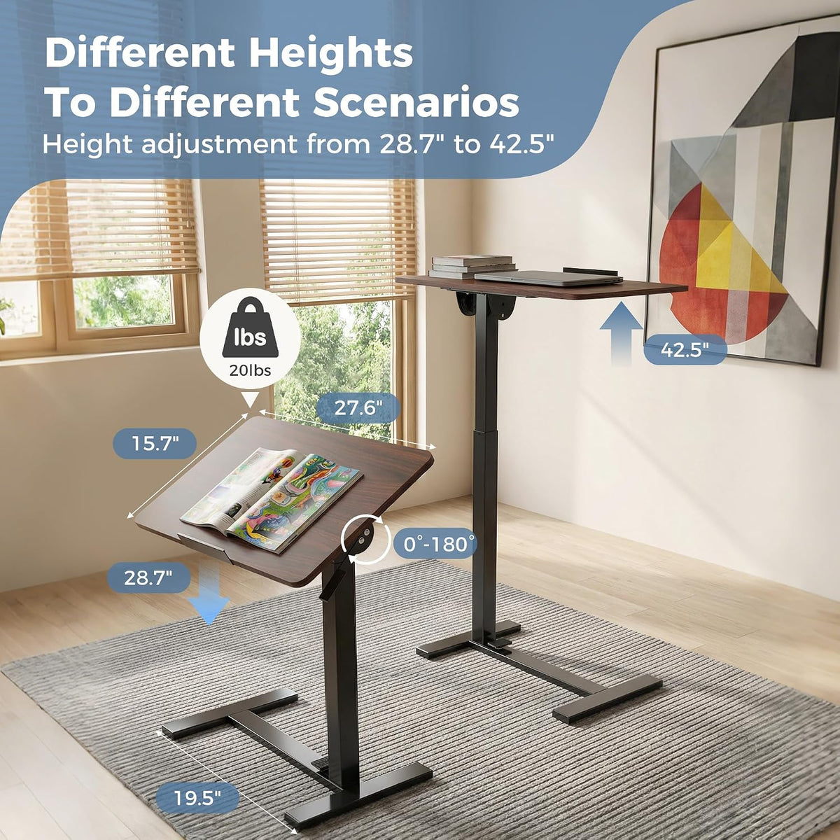 Overbed Table with Wheels, Height-Adjustable Bedside Table, Brown
