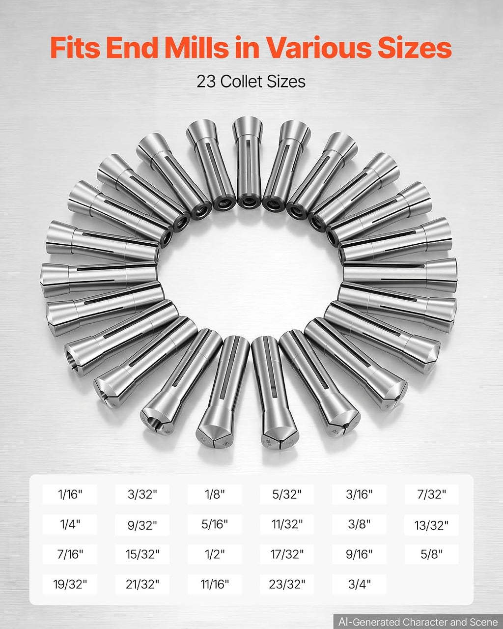 VEVOR R8 Collet Set 1/16"-3/4" 23 Piece R8 Precision Mill Collet Chuck Set
