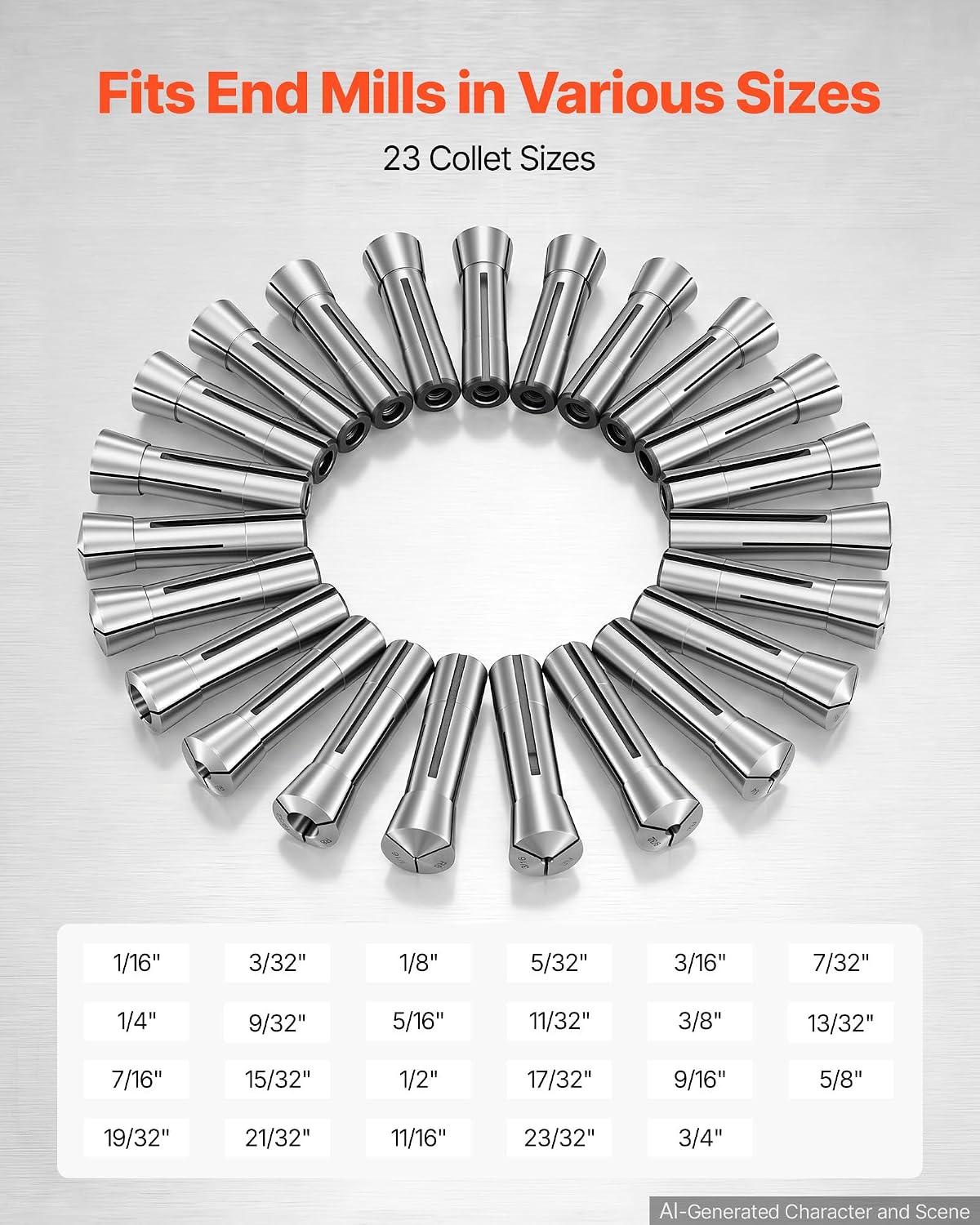 VEVOR R8 Collet Set 1/16"-3/4" 23 Piece R8 Precision Mill Collet Chuck Set