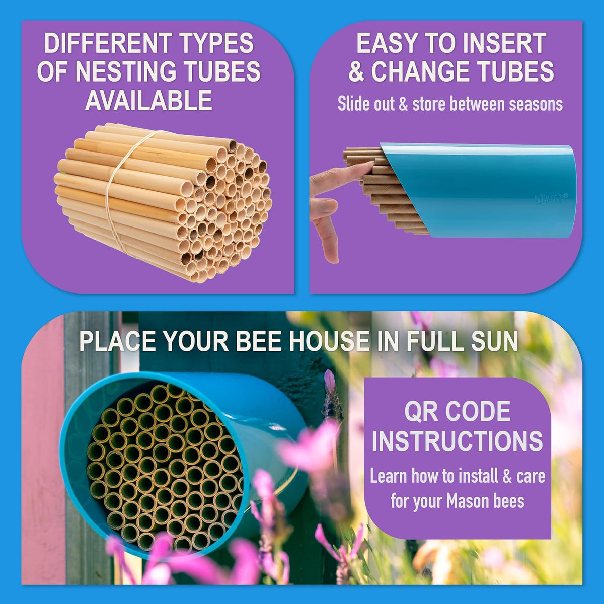 Color Splash Mason Bee House - Vibrant & Strong Waterproof Bee Hotel & Insect Habitat - Mason Bee Tubes Filled Bee