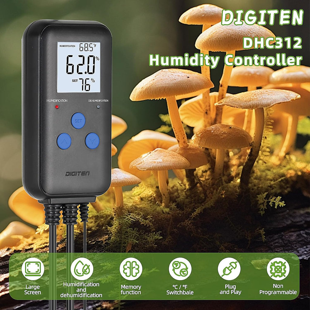 Humidity Controller with Temperature Display for Reptile, Mushroom | Pre-Wired Digital Humidistat, Dual-Stage Outlet