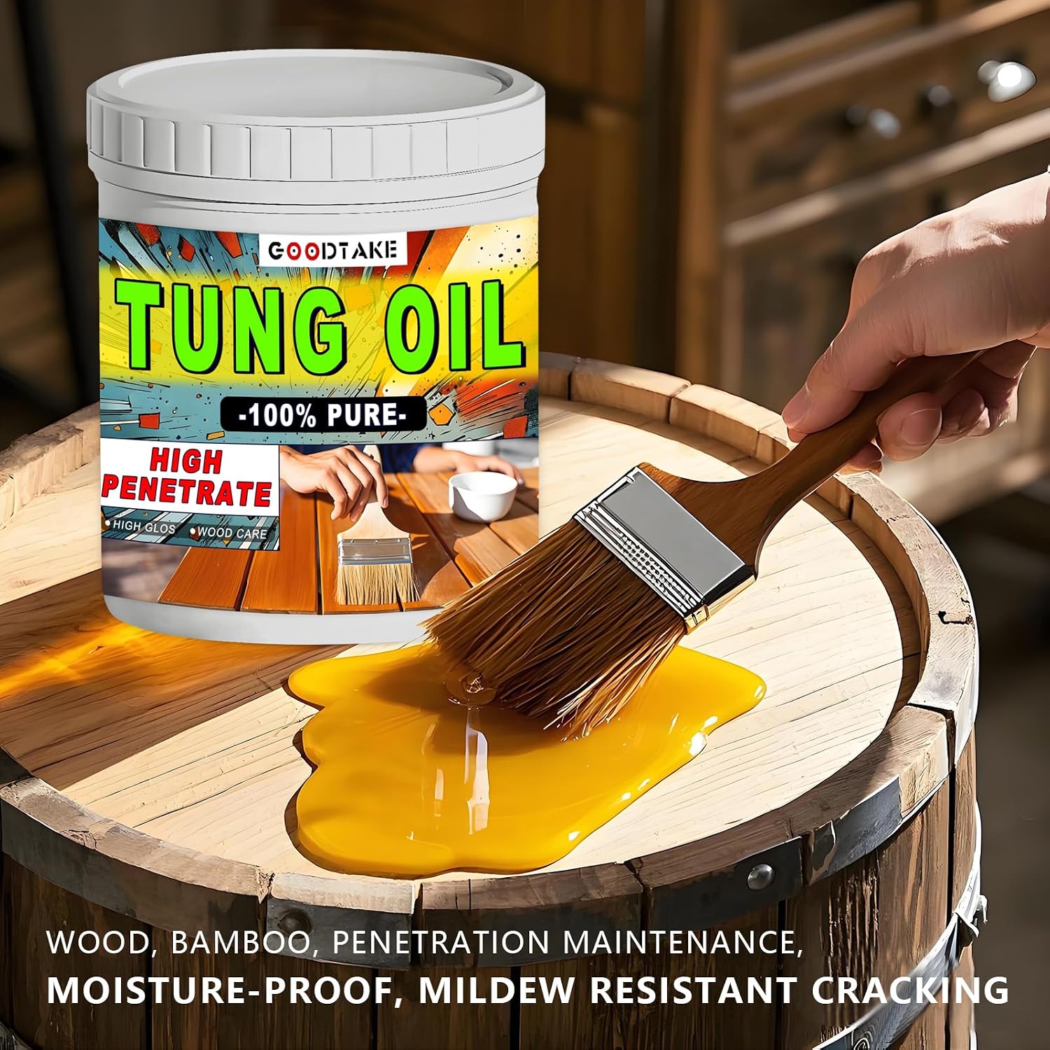Pure Tung Oil, Premium Tung Oil Finish with Brush, Pure Tung Oil Wood Sealer for Unfinished Bare Wood, Such as Wood