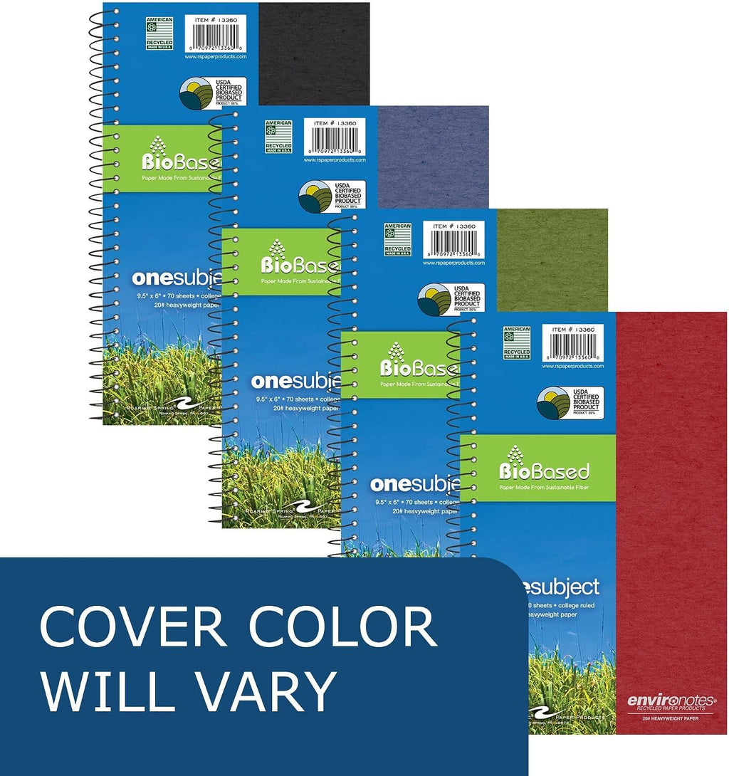 Environotes Recycled Notebook, 70 Sheets, 9.5" x 6", College Ruled, 1 Subject Notebook, Assorted Earthtone Cover Colors