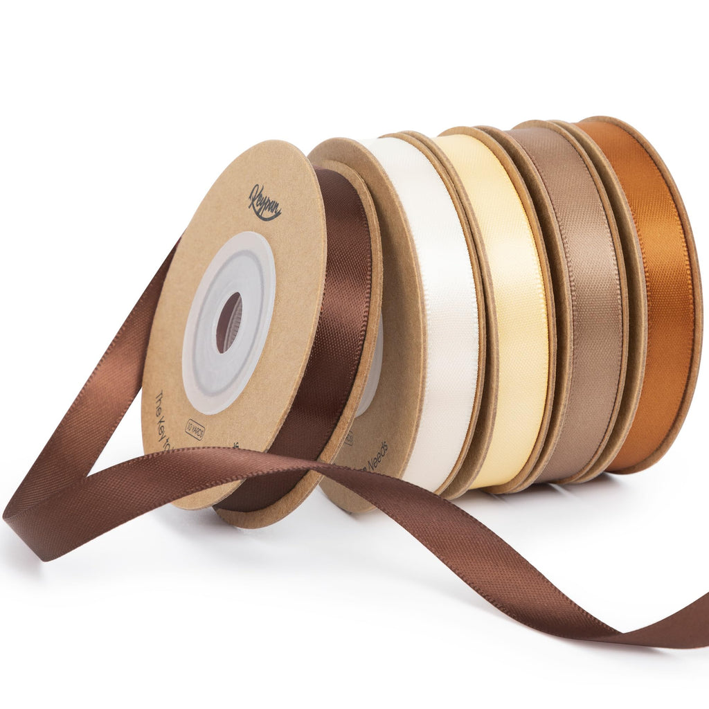 Brown Satin Ribbon Set 3/8" x 50 Yards, 5 Rolls