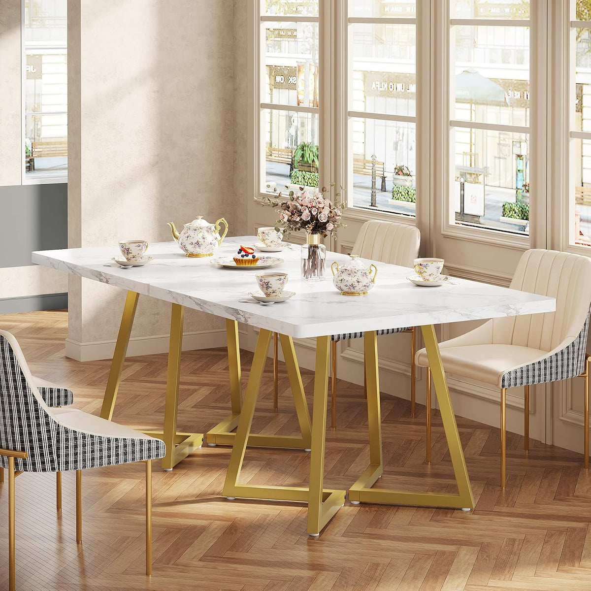 Square Commercial Dining Table, 31.5", White & Gold