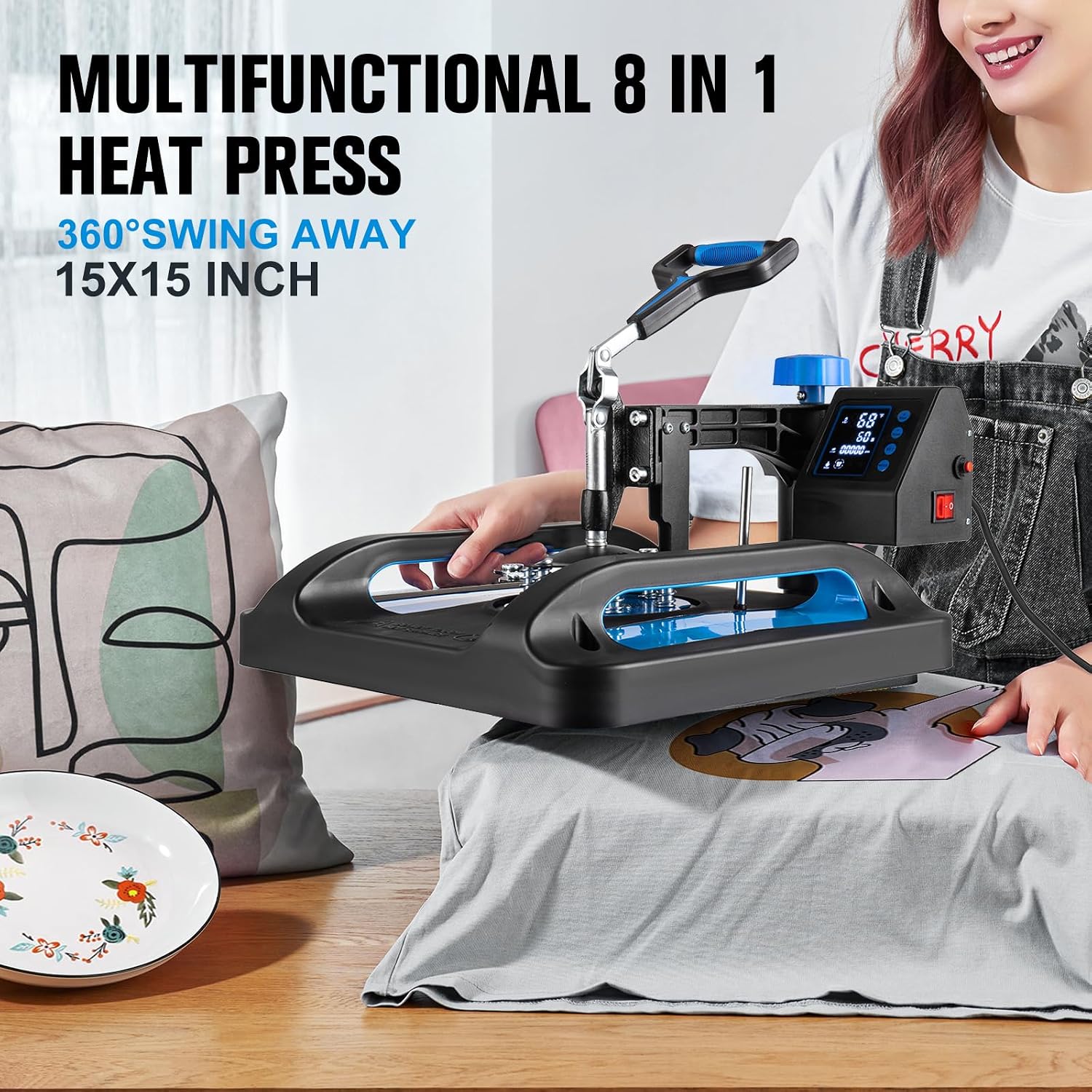 Pro Heat Press 15x15 Inch, 8 in 1 Heat Press Machine with 30 OZ Tumbler Press, Swing Away T Shirt Pressing Machine