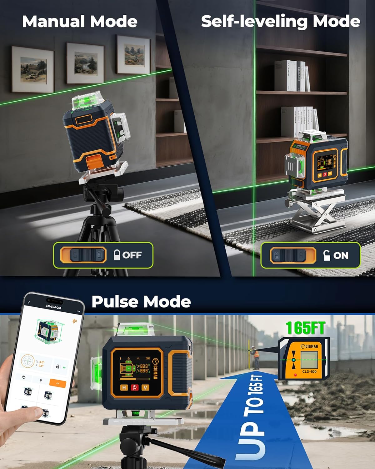 16 Lines Green Laser Level 4×360° Self Leveling, Side LCD, Bluetooth App Remote, Pulse Mode for Receiver, 2×Li-ion