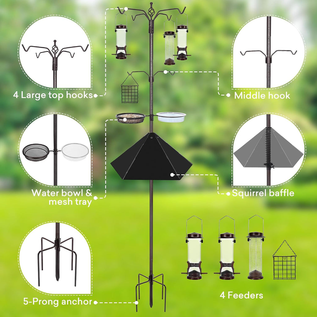 6-Hook Bird Feeding Station with 19" Metal Squirrel Baffle, 94 Inch