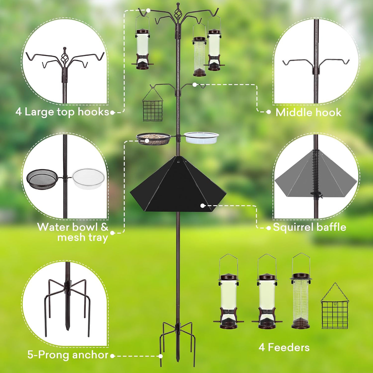 6-Hook Bird Feeding Station with 19" Metal Squirrel Baffle, 94 Inch
