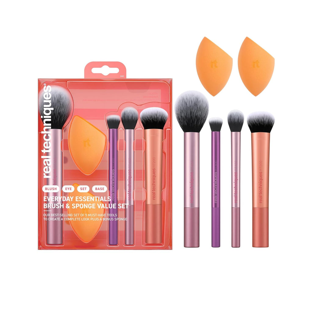 6 Piece Everyday Essentials Makeup Brush Set, Includes 4 Brushes & 2 Makeup Sponges, For Foundation, Blush, Bronzer