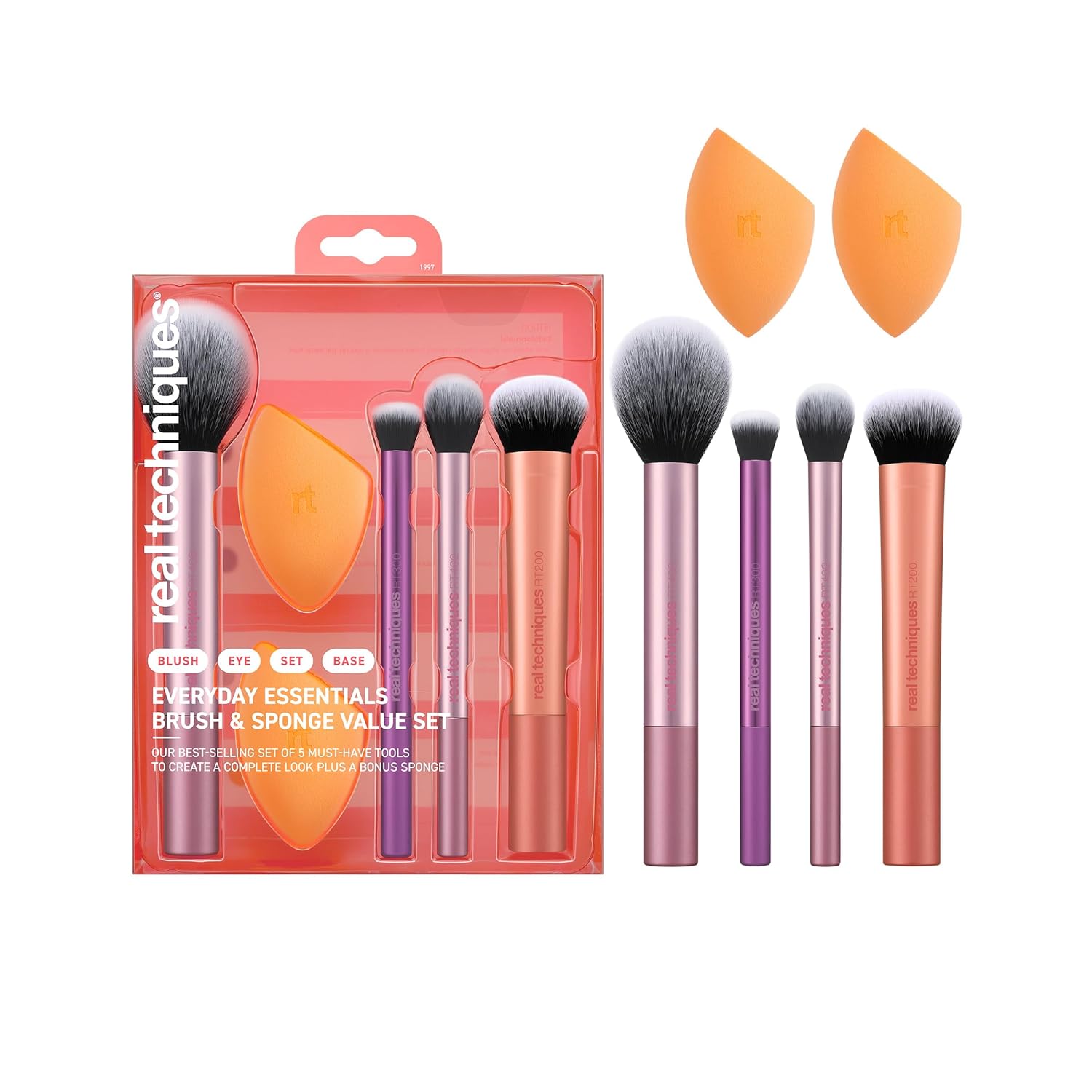 6 Piece Everyday Essentials Makeup Brush Set, Includes 4 Brushes & 2 Makeup Sponges, For Foundation, Blush, Bronzer