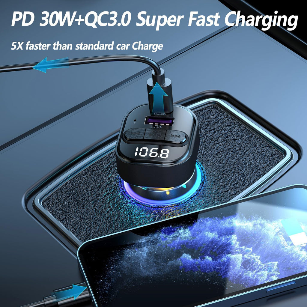 FM Transmitter Bluetooth Car Adapter, Wireless FM Radio Transmitter | FM Transmitter PD30W & QC3.0 Fast Charge