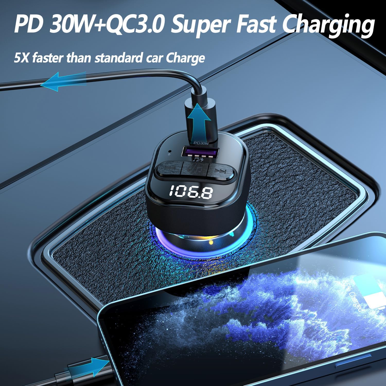 FM Transmitter Bluetooth Car Adapter, Wireless FM Radio Transmitter | FM Transmitter PD30W & QC3.0 Fast Charge