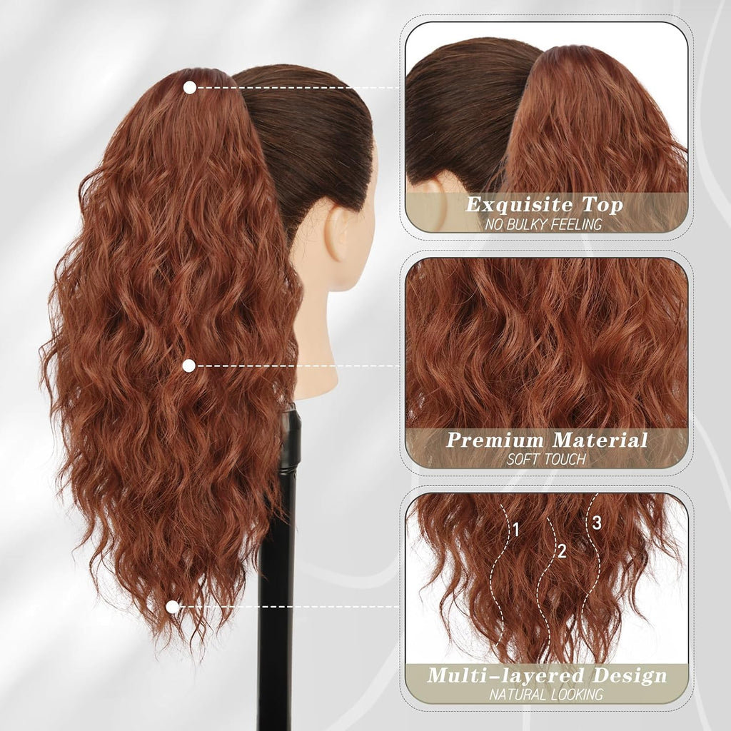 18 Inch Claw Clip Auburn Ponytail Extension – Thick Soft Wavy Curly Hairpieces for Women, Synthetic Claw Clip Hair