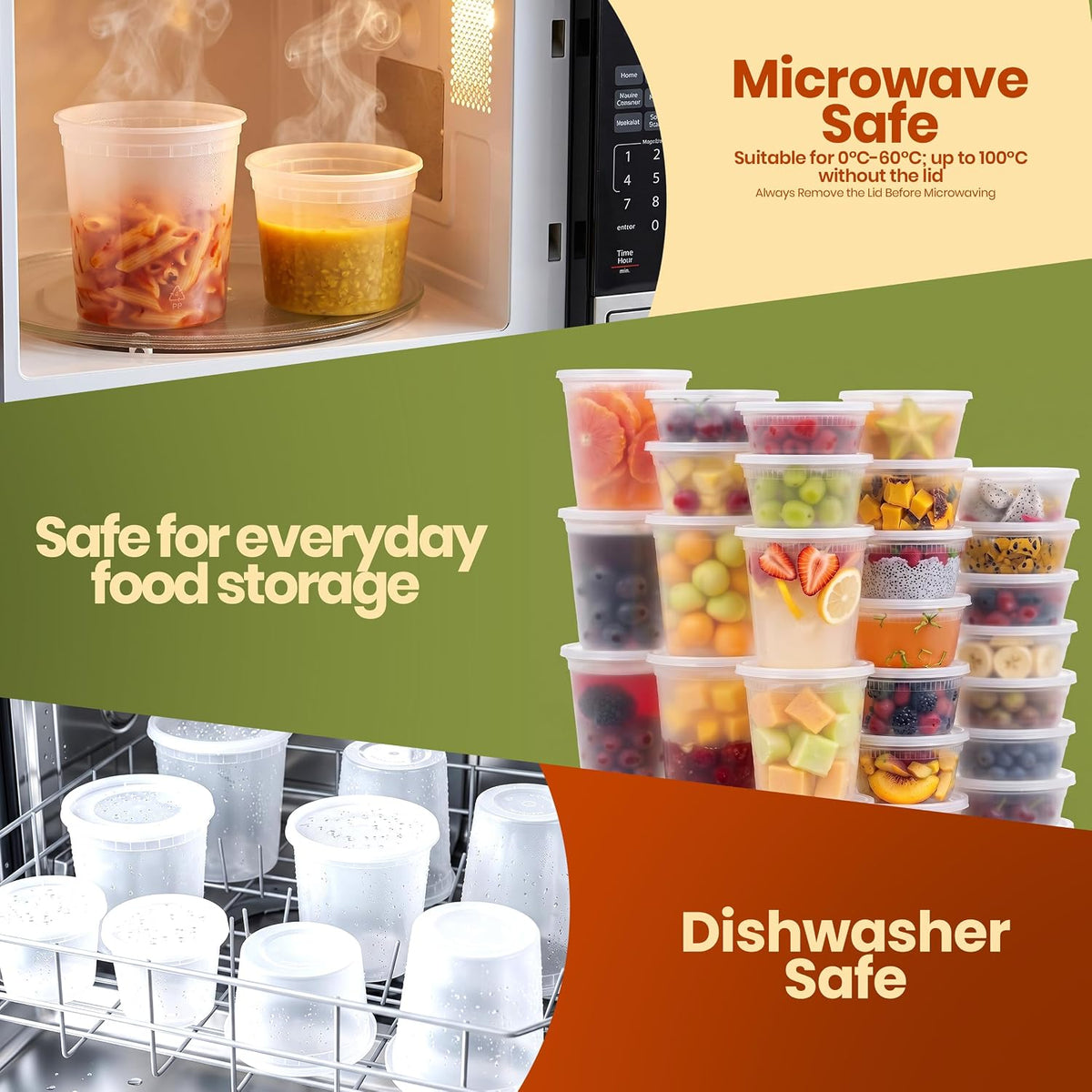 Deli Containers with Lids 32 Oz, 16 Oz & 8 Oz, 60 Pack, Clear