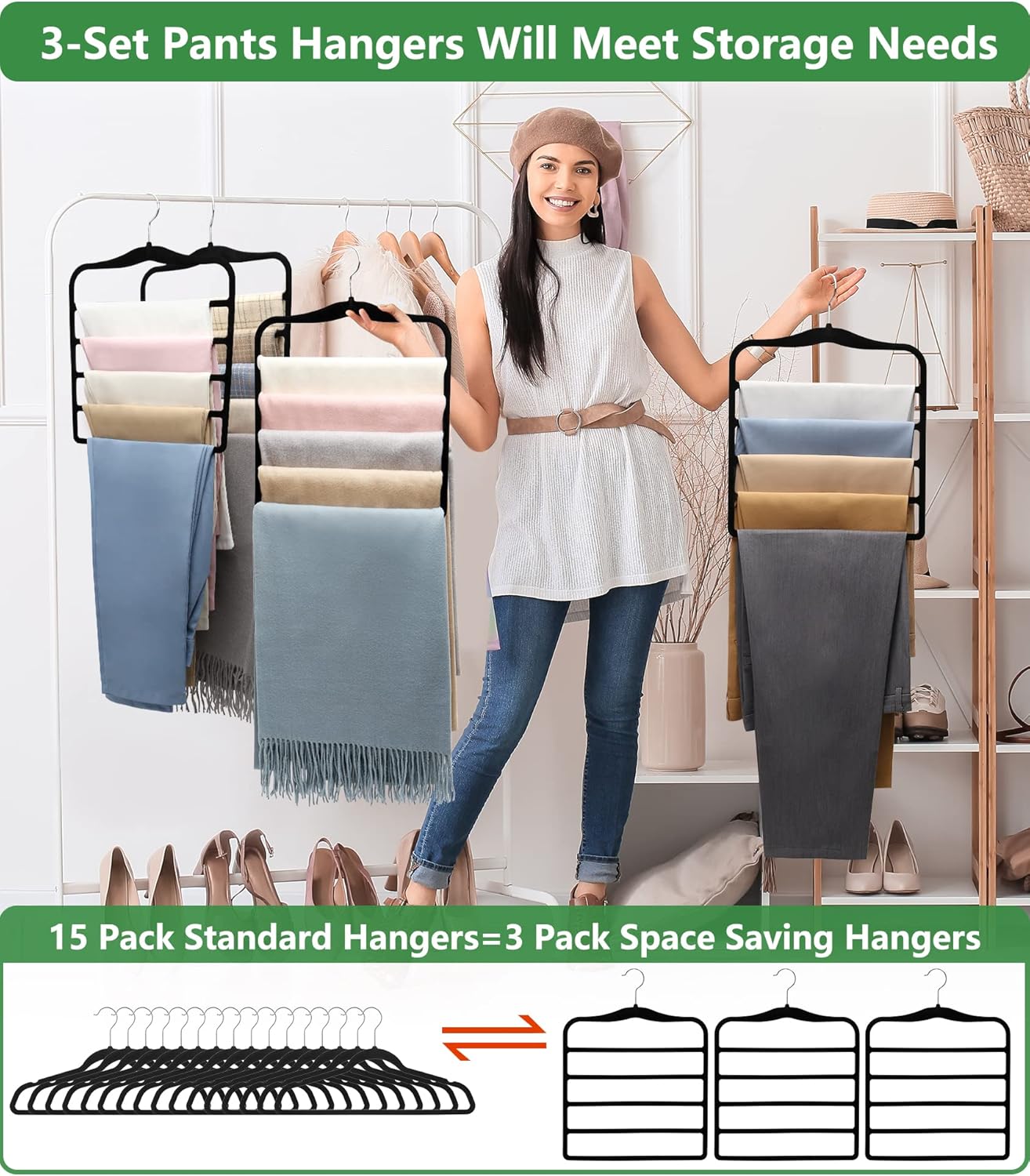 Closet Organizers and Storage,3 Pack Organization and Storage Pants-Hangers-Space-Saving,Velvet Hanger for Dorm Room