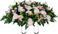 30" Headstone Flower Saddle Artificial Cemetery Flowers - Gravesite Flowers - White and Purple Carnations and