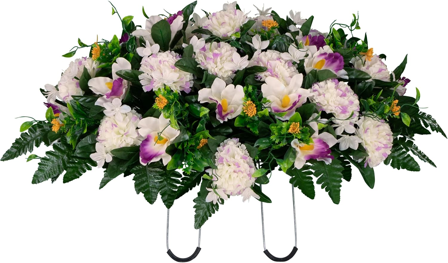 30" Headstone Flower Saddle Artificial Cemetery Flowers - Gravesite Flowers - White and Purple Carnations and