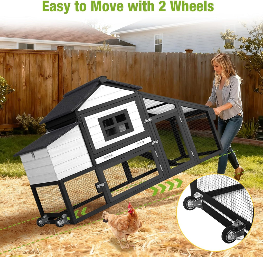 Mobile Chicken Tractor with 2 Nesting Boxes, 81" Large Wooden Chicken Coop for 2-4 Chickens, Predator Proof Poultry
