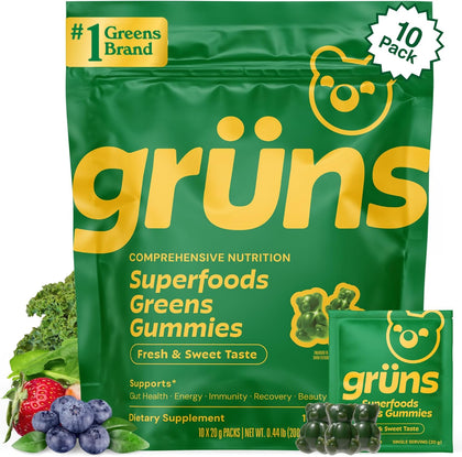Gruns Adults Super Greens Gummies, Multivitamin Superfood Gummy Bears, Spirulina, Chlorella, Prebiotics & Fiber