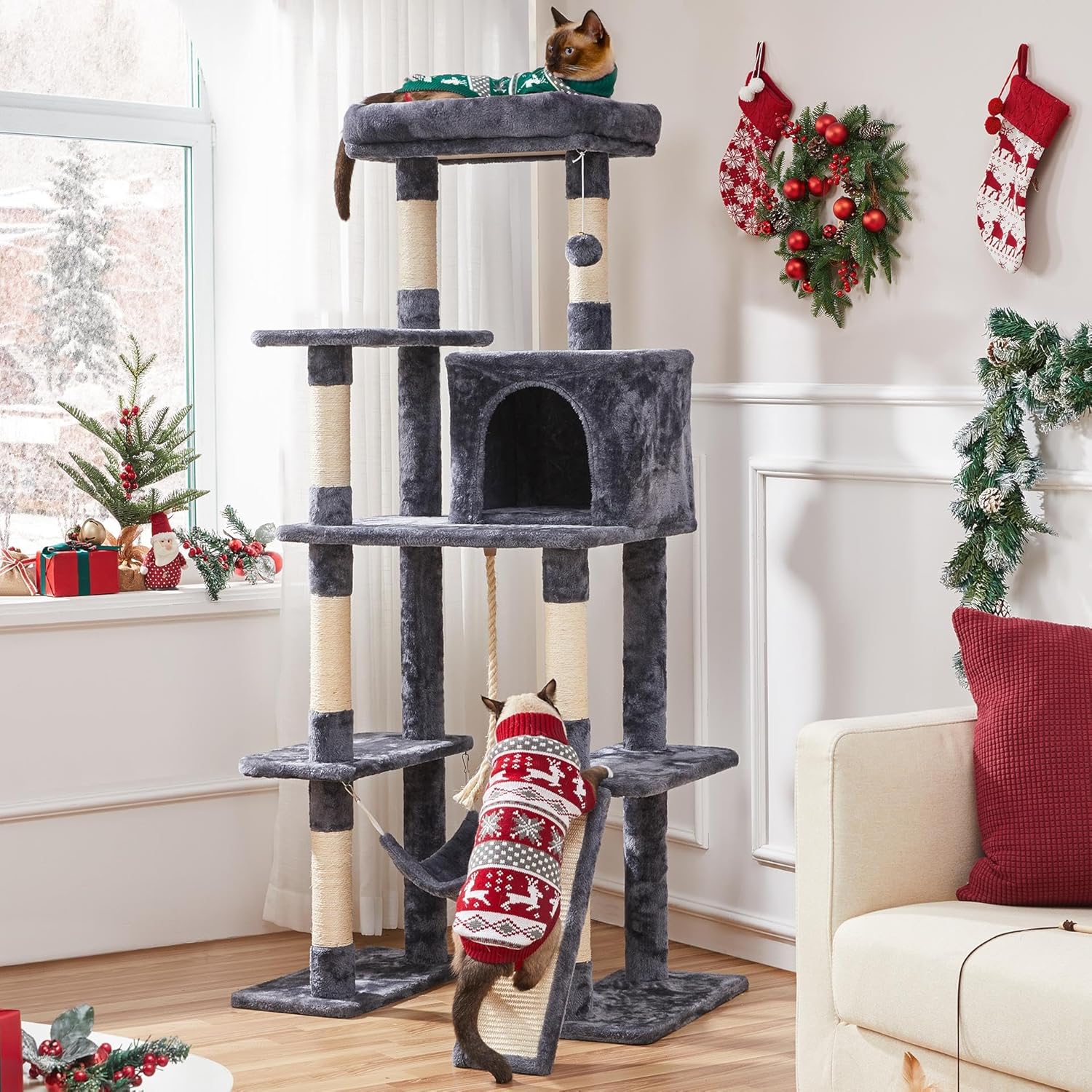 Yaheetech 63in Large Cat Tree for Heavy Cats up to 22lbs, Anti-Wobble Tower with Condo & Hammock, Space-Saving for