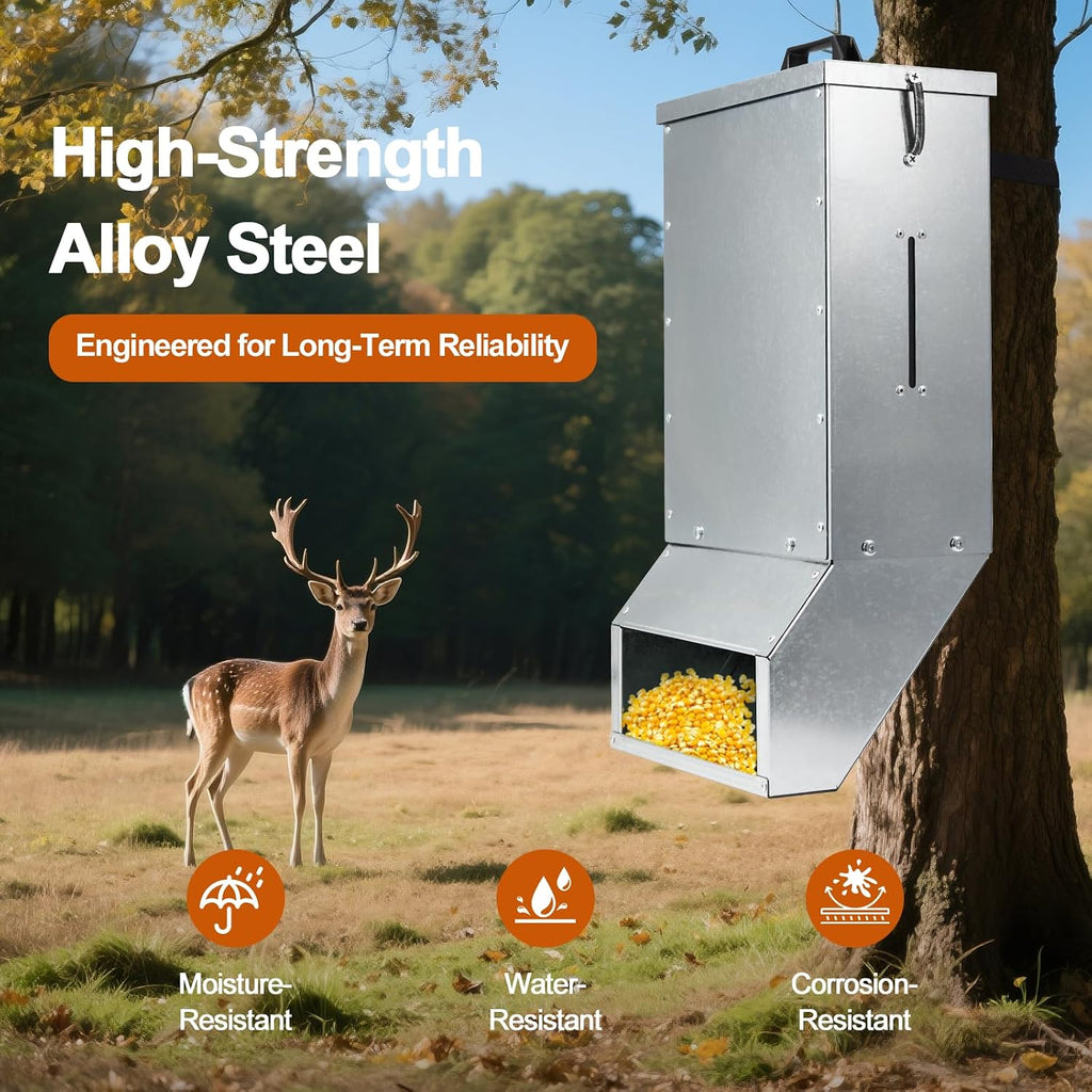 7 Gallons Box Deer Feeder Box, Tree Protein Feeder, Heavy Duty Hanging Gravity Deer Feeder Automatic Dispenser Feeds