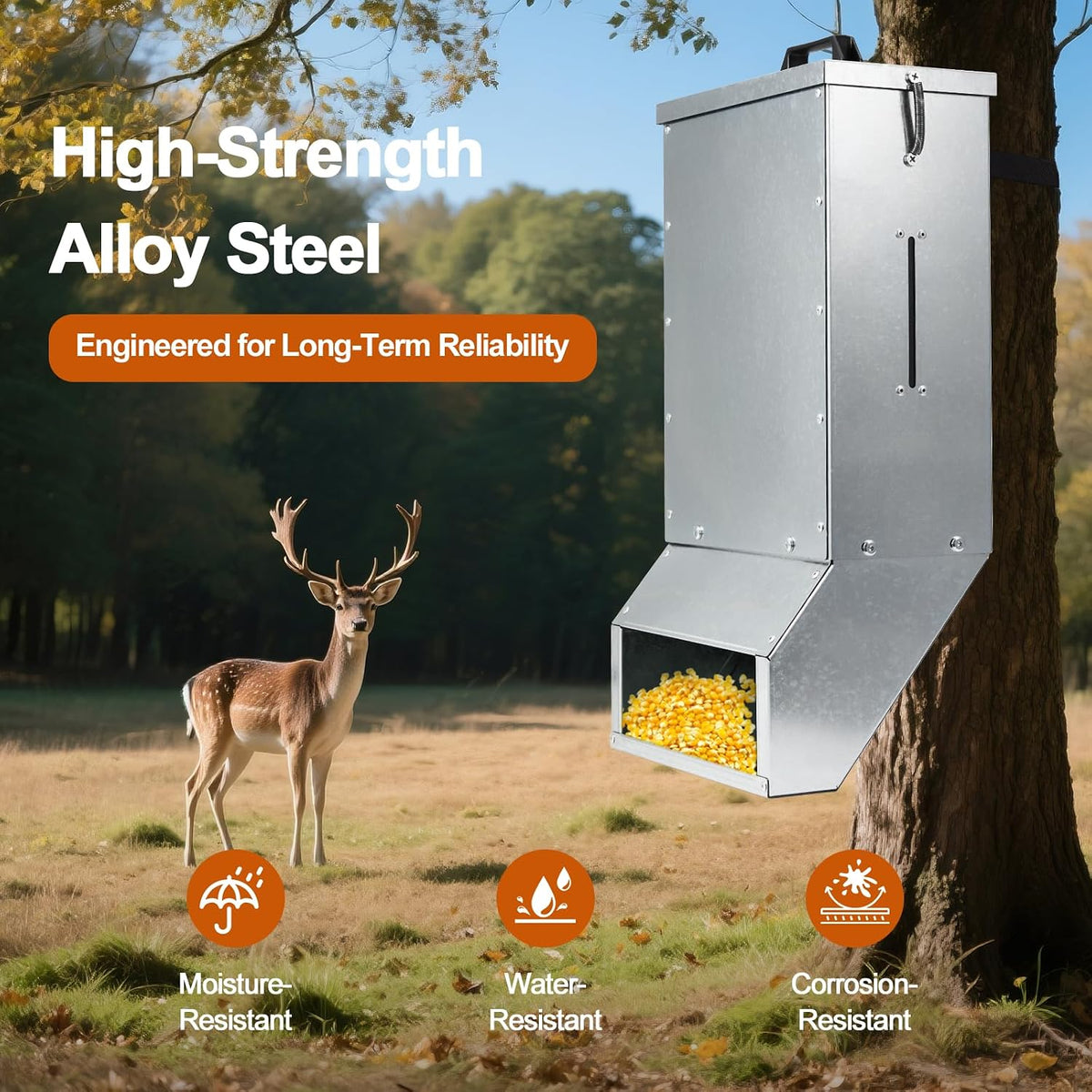 7 Gallons Box Deer Feeder Box, Tree Protein Feeder, Heavy Duty Hanging Gravity Deer Feeder Automatic Dispenser Feeds