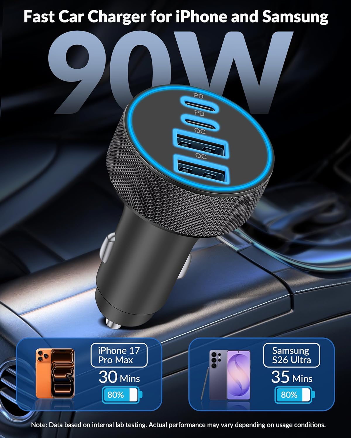 [4 in 1] USB C Car Charger, 4-Port 90W Super Fast Charging Cigarette Lighter Adapter, Dual 45W USBC & USB-A Multiport