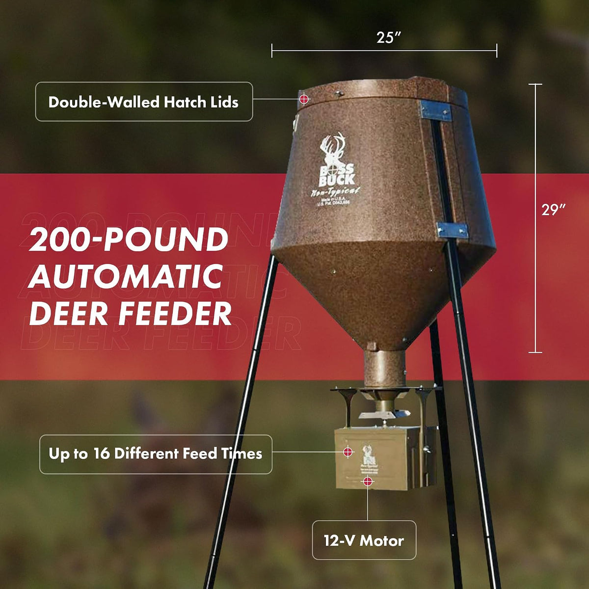 200 LB Deer Feeder/Hunting Durable Lightweight Plastic UV Protected Waterproof Game Feeder with 12V Spinner Automatic