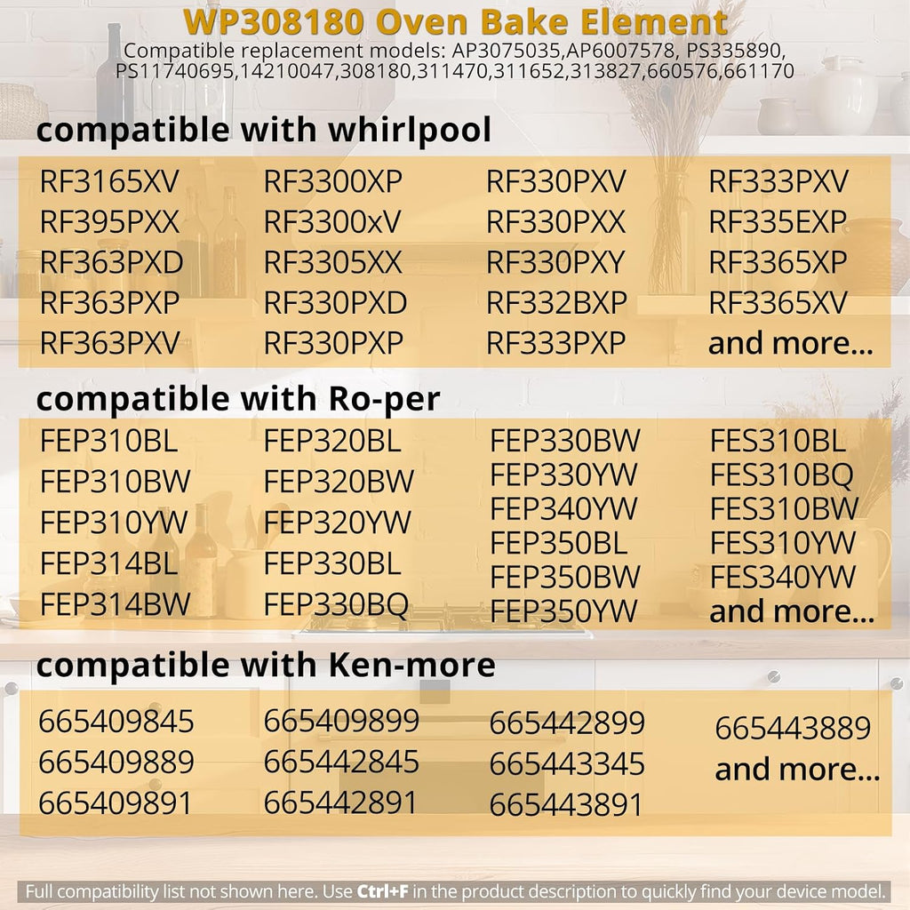 WP308180 Oven Bake Element W10308477 AP6007578, 2600W 240V