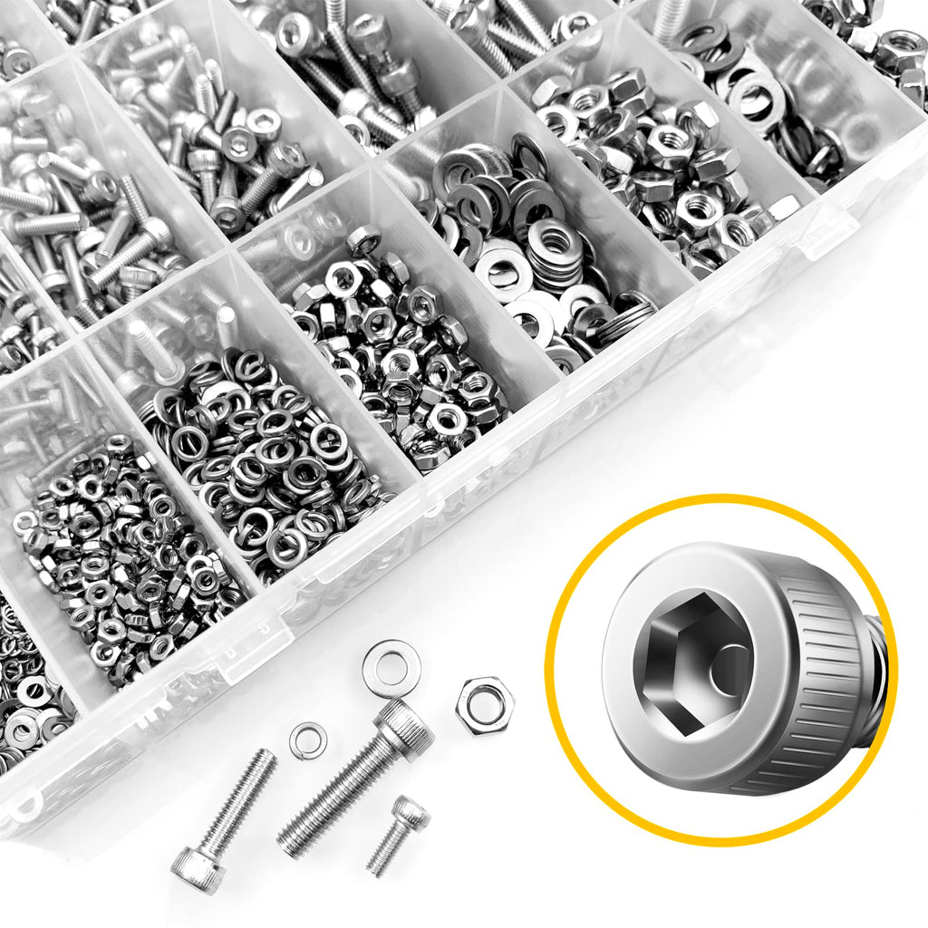 2200pc M2-M5 Metric Screw Assortment Kit, Stainless Steel Hex Bolts & Nuts, Spring Washers, Anti-Rust, with Hex