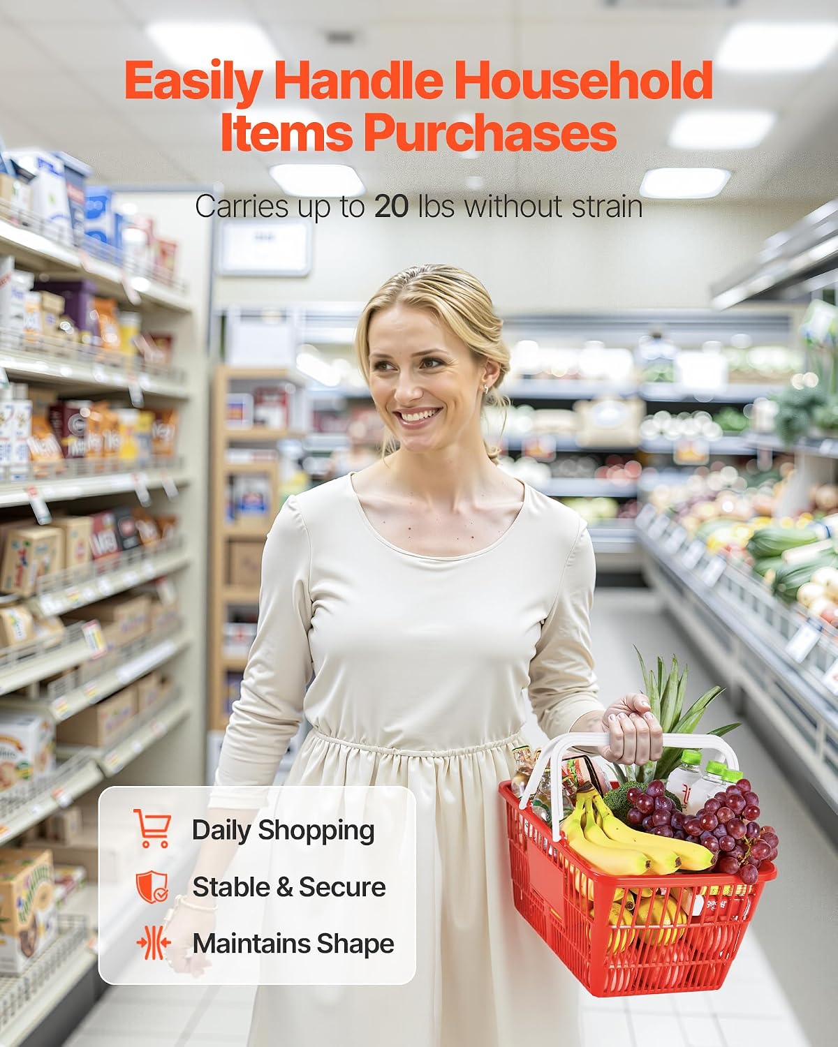 Shopping Baskets, 4 PCS, 21L Stackable PE Plastic Grocery Baskets with Handles, Dense Mesh Structure, Holds up to 20