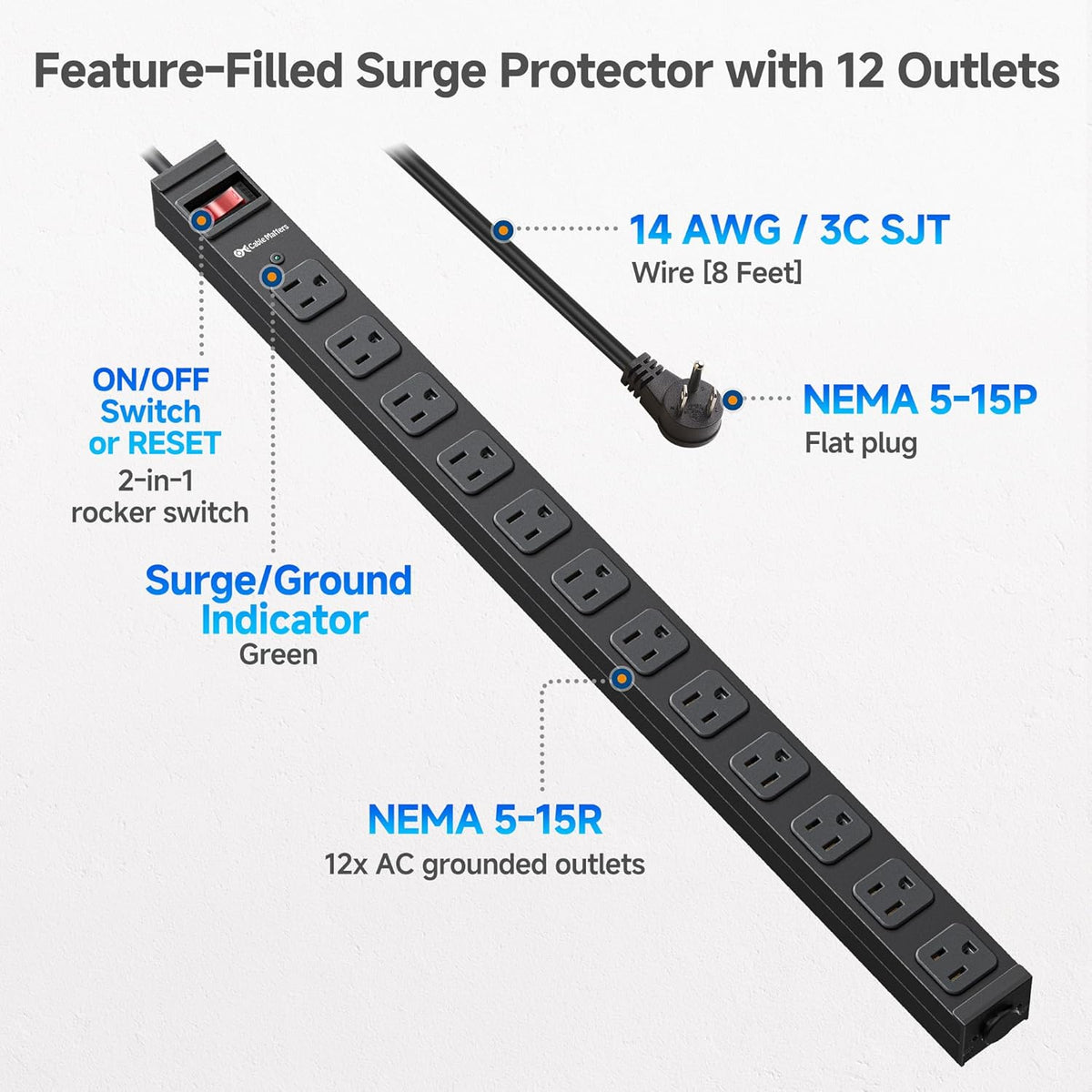 [ETL Certified] Cable Matters 12-Outlet Surge Protector Power Strip, 8ft | Wall-Mountable, Metal, 2100J, 15A Circuit