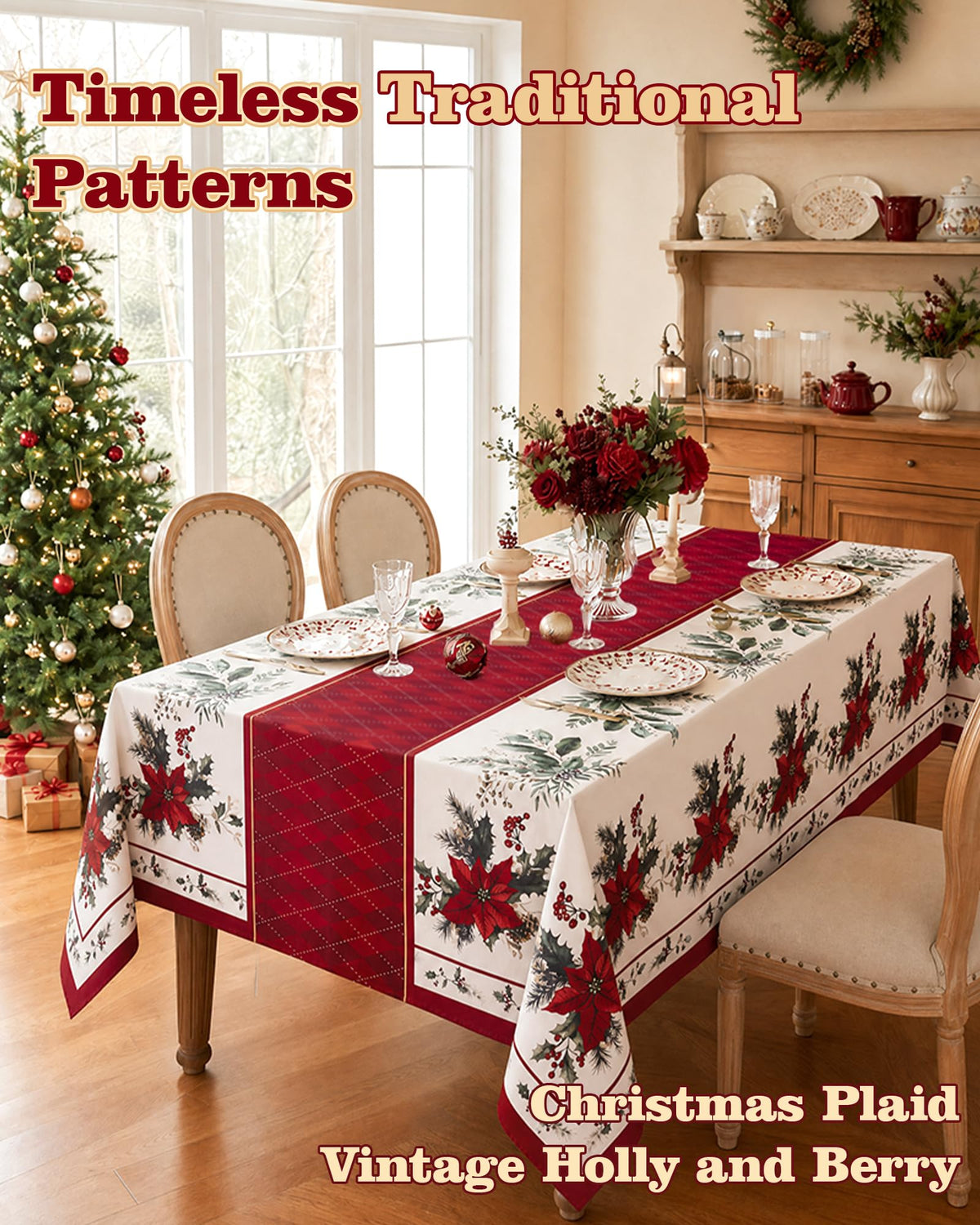 Christmas Tablecloth Rectangular, Holiday Dining Decor, 60x84 Inch